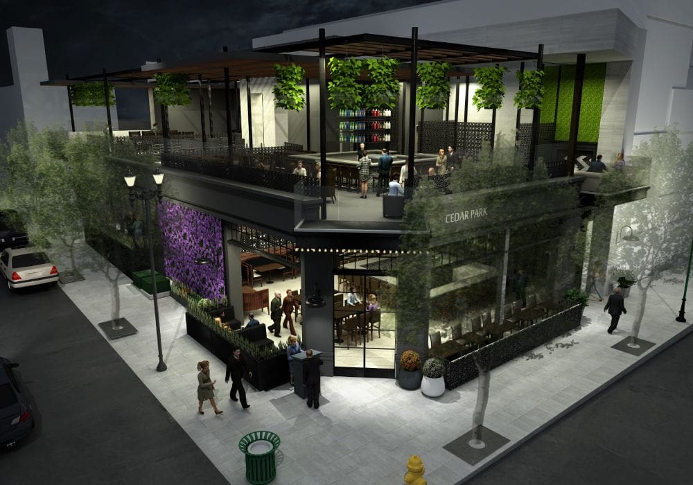 A rendering of the outside of a restaurant.