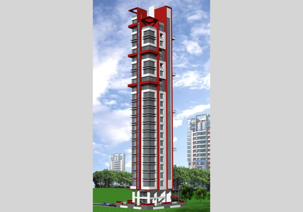 A rendering of the tower with red trim.