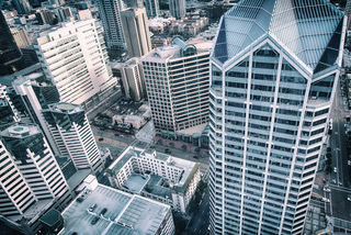 A view of some buildings from above.